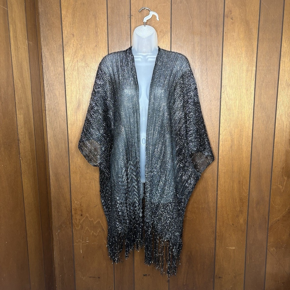 Boho Whimsigoth Kimono Silver Metallic Net Wrap Shawl Festival Sheer Glam NWT